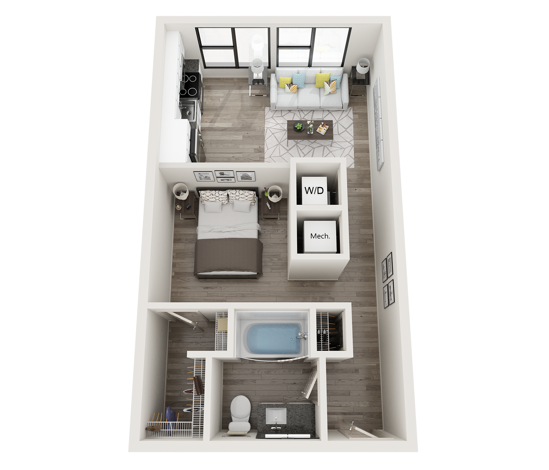 Floor plan for studio, 1 bath, 584 sqft
